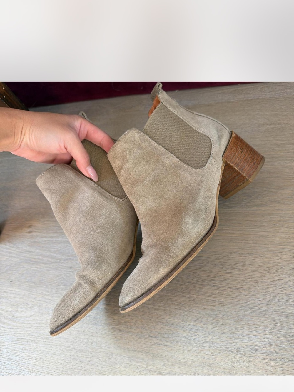 Everlane Taupe Suede Ankle Booties with Stacked Heel